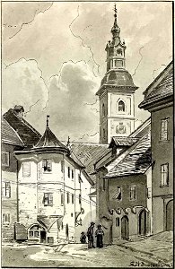 Ladislav Benesch - Škofja Loka, mestno središče s cerkvijo. Free illustration for personal and commercial use.