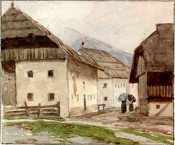 Ladislav Benesch - Vaški motiv z ženama in dežniki