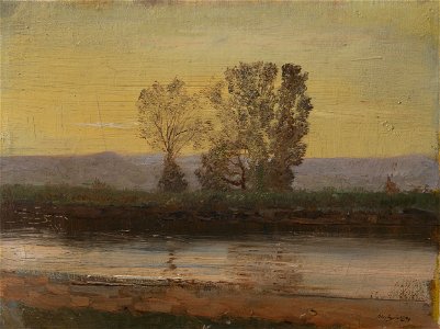Ladislav Mednyánszky - Landscape at Twilight with River and Cluster of Trees - O 296 - Slovak National Gallery. Free illustration for personal and commercial use.