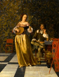 Lady Playing a Lute with Gentleman Seated at a Table' by Eglon van der Neer. Free illustration for personal and commercial use.