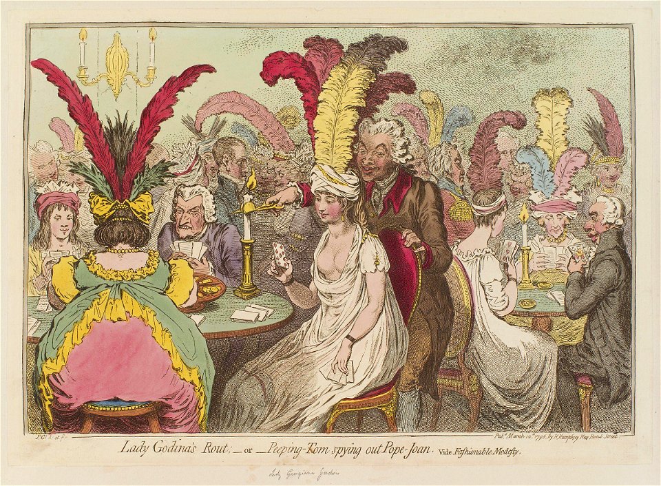 Lady Godina's rout; - or - Peeping-Tom spying out Pope-Joan by James Gillray