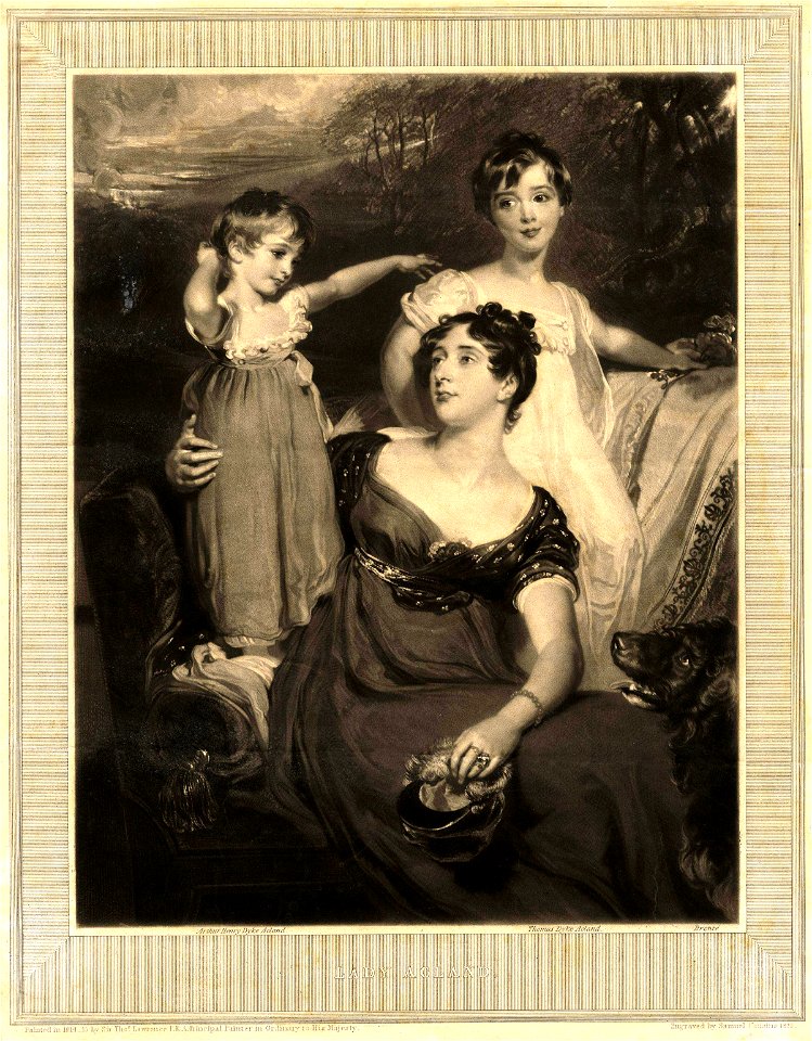 Lady Acland (Arthur Henry Dyke Acland; Lydia Elizabeth (Hoare), Lady Acland; Sir Thomas Dyke Acland, 11th Bt) by Samuel Cousins. Free illustration for personal and commercial use.