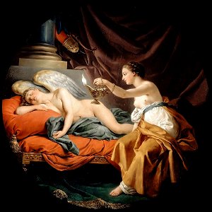 Louis Jean Francois Lagrenée - Psyche Surprises the Sleeping Cupid, 1769. Free illustration for personal and commercial use.