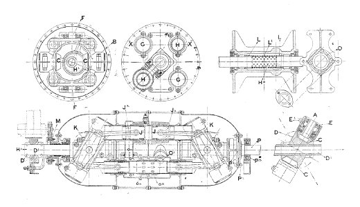 Lamplough's rotary engine, section (Rankin Kennedy, Modern Engines, Vol V). Free illustration for personal and commercial use.