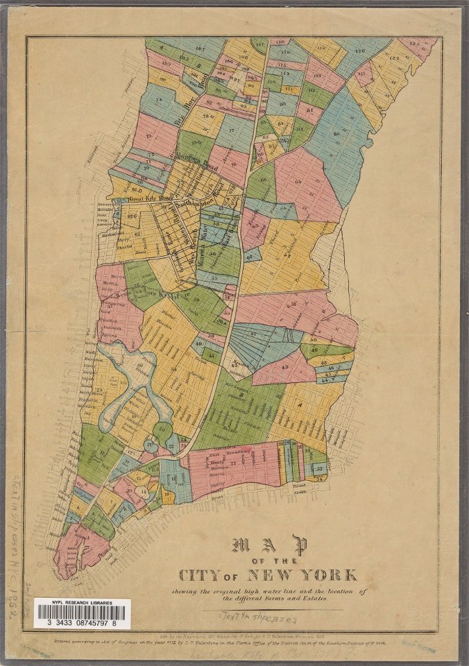Map of New York City, high water line, farms and estates