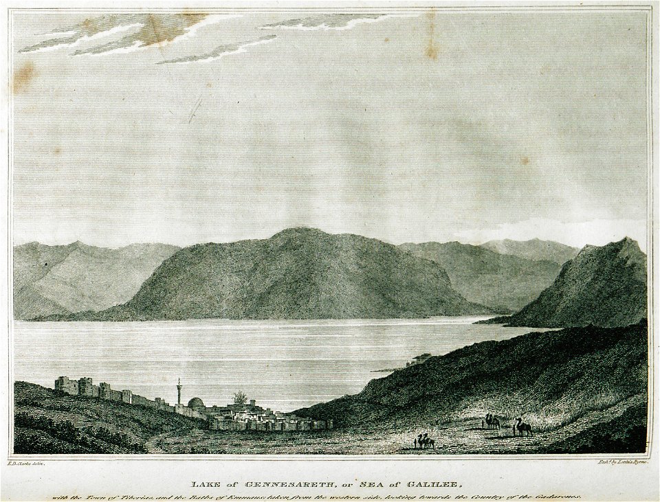 Lake of Gennesareth, or Sea of Galilee, with the town of Tiberias and the Baths of Emmaus; taken from the western side, - Clarke Edward Daniel - 1824