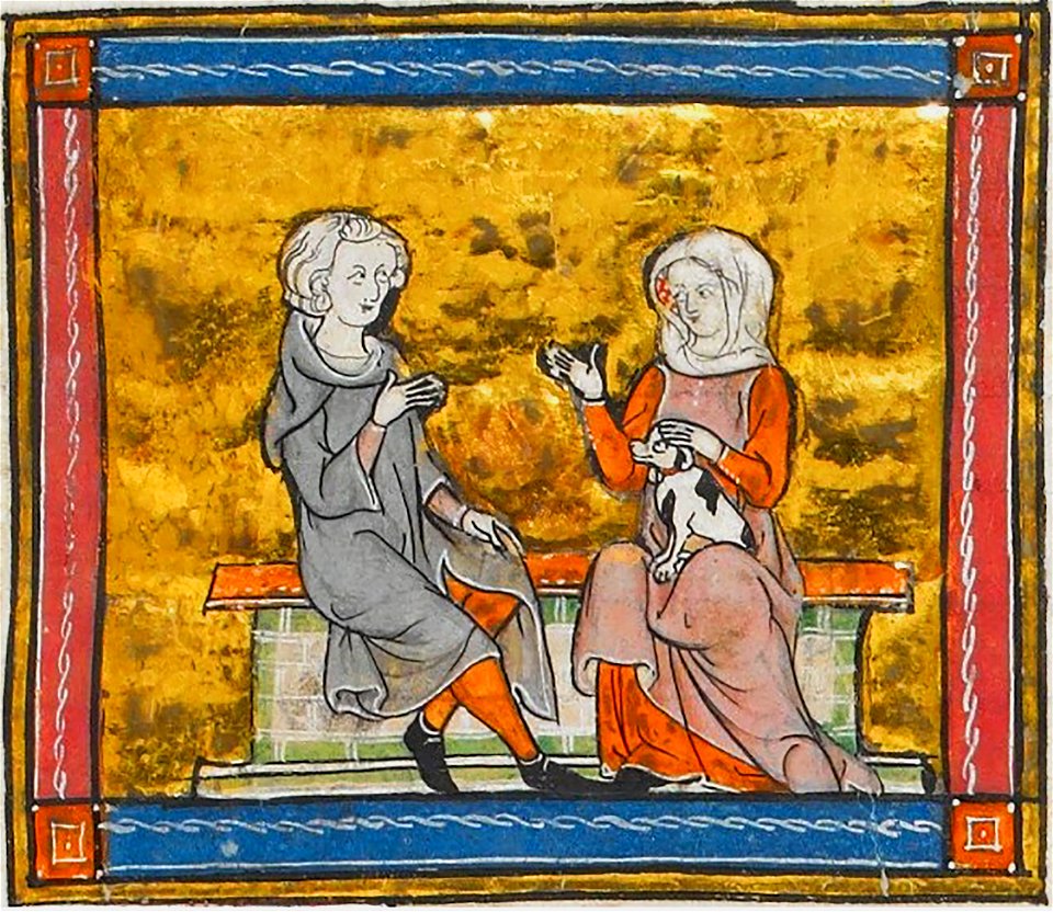 Lancelot in conversation with a lady who is holding a small black and white dog, from Morte Artu, c. 1315-1325 (41067329535)