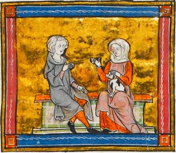 Lancelot in conversation with a lady who is holding a small black and white dog, from Morte Artu, c. 1315-1325 (41067329535)