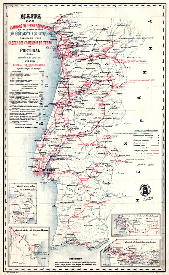 Mapa dos caminhos de ferro em Portugal 1895