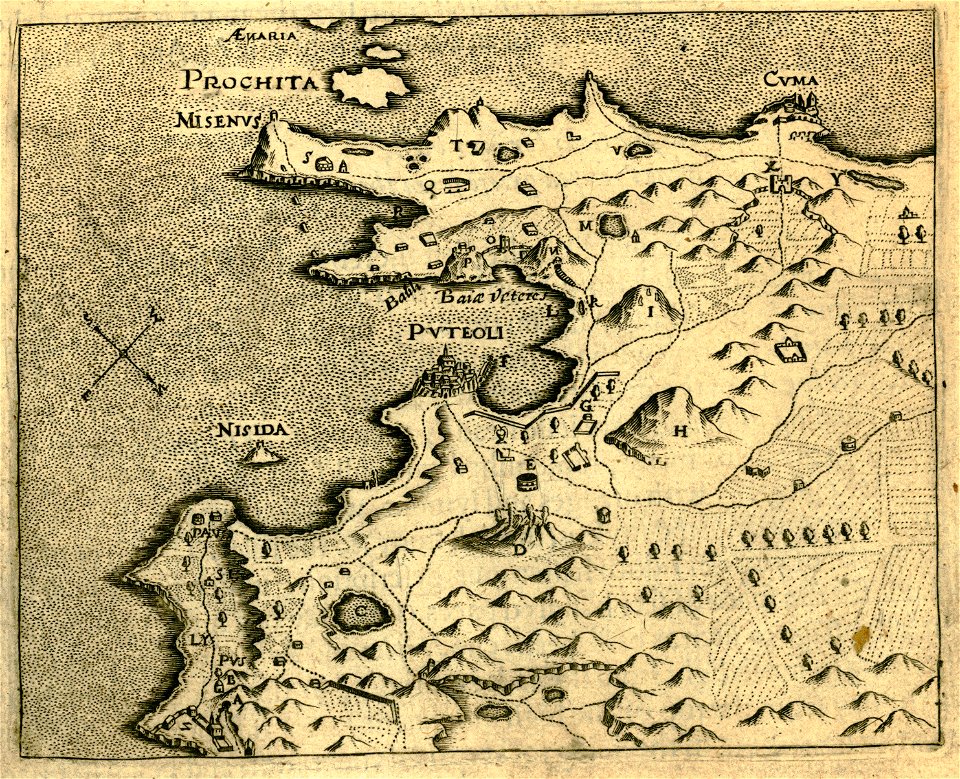 Map of Phlegrean fiends peninsula in Campania, Italy - Sandys George - 1615