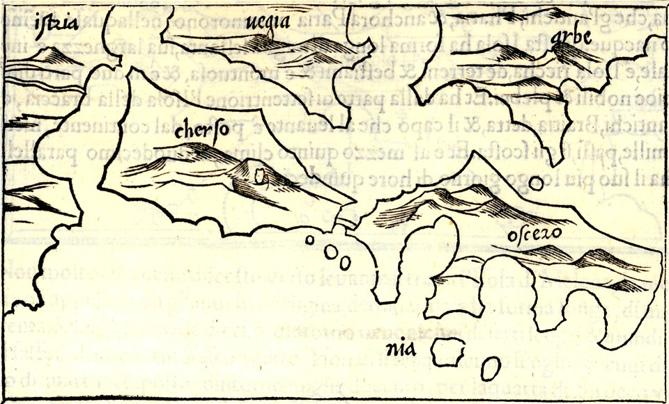 Map of Kres (Cherso) and Losinj (Ossero) islands, also charting Istria, and Krk (Vegia) and Rab (Arbe) islands - Bordone Benedetto - 1547
