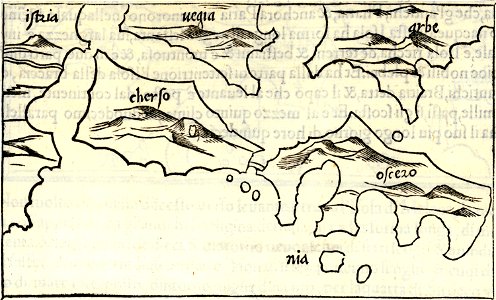 Map of Kres (Cherso) and Losinj (Ossero) islands, also charting Istria, and Krk (Vegia) and Rab (Arbe) islands - Bordone Benedetto - 1547