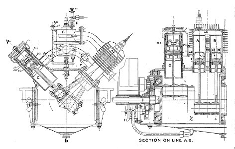 Lamplough's two-stroke engine, section (Rankin Kennedy, Modern Engines, Vol V). Free illustration for personal and commercial use.