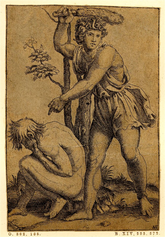 Marcantonio - A man standing, gesturing with his left hand and raising his right hand which holds a fox's tail as if to hit the nude man crouching below him at left, H,3.15