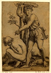Marcantonio - A man standing, gesturing with his left hand and raising his right hand which holds a fox's tail as if to hit the nude man crouching below him at left, H,3.15. Free illustration for personal and commercial use.