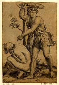 Marcantonio - A man standing, gesturing with his left hand and raising his right hand which holds a fox's tail as if to hit the nude man crouching below him at left, H,3.15