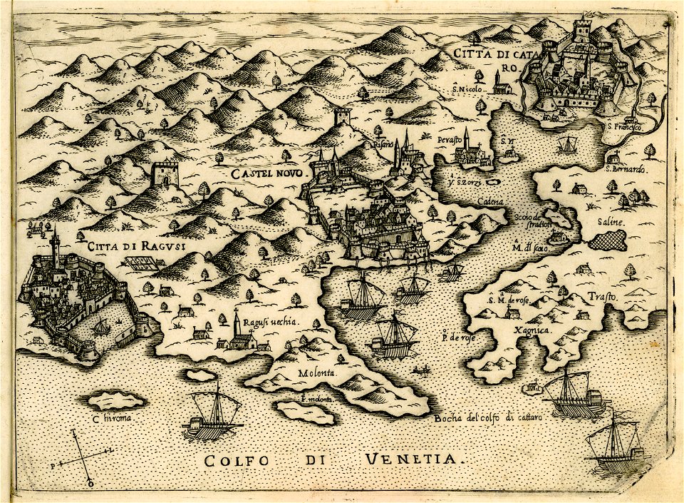 Map of the bay of Kotor with Dubrovnik (Ragusa), Herceg Novi and the city of Kotor - Camocio Giovanni Francesco - 1574