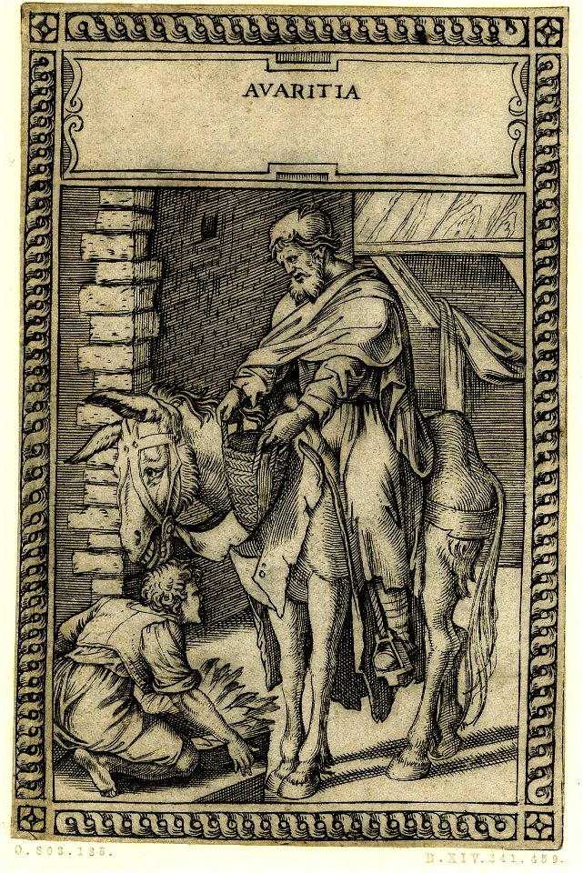 Marcantonio - A man riding a mule holding a basket open in his hands with a man crouching in front of him, 1858,0626.649