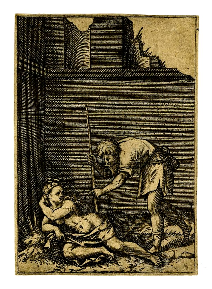 Marcantonio - A shepherd holding a stick in his right hand leaning towards a nymph reclining on the ground in the corner of a ruined building, 1981,U.2169