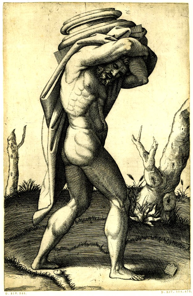 Marcantonio - A nude man carrying the base of a column on his back, H,3.80