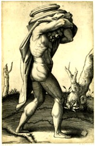 Marcantonio - A nude man carrying the base of a column on his back, H,3.80