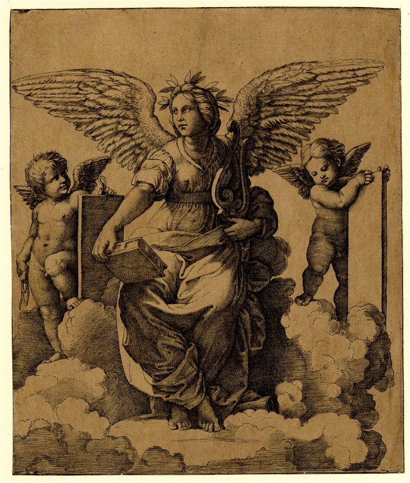 Marcantonio - A winged woman, Poetry personified, sitting on a throne of clouds, H,3.23