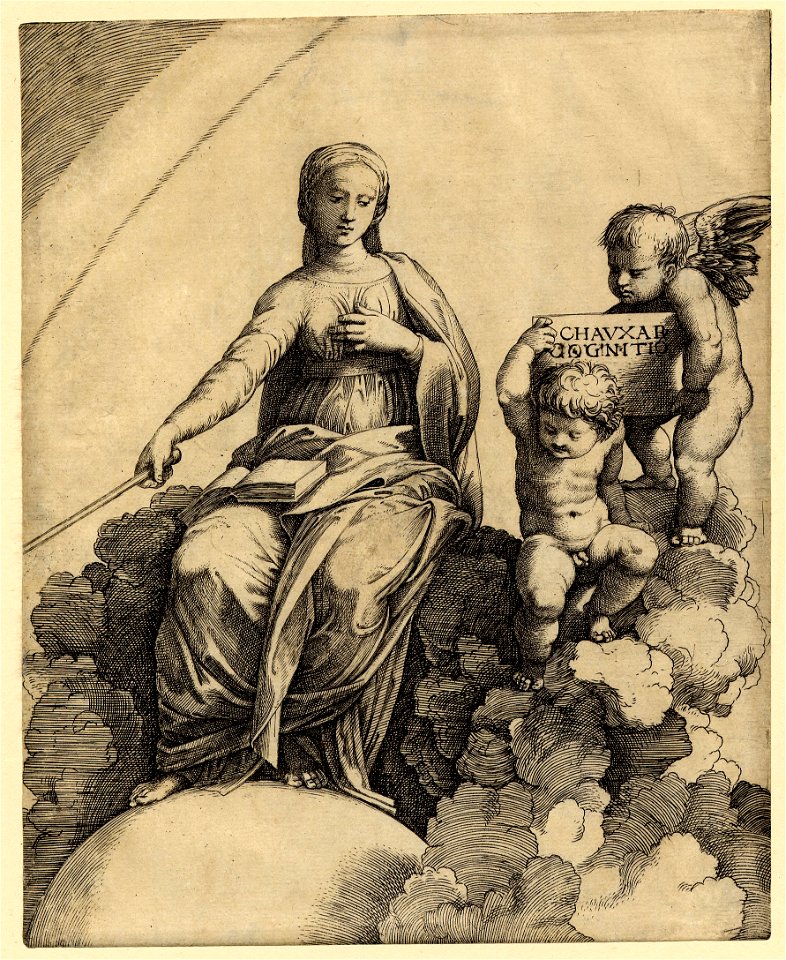 Marcantonio - A personification of Philosophy sitting on clouds with her feet resting on a globe, 1895,0915.129