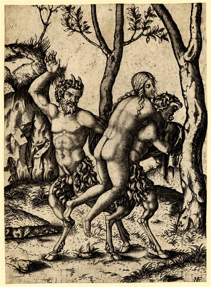 Marcantonio - A satyr carrying a nymph on his back and another raising his right hand as if to slap her, H,2.60
