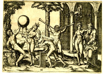 Marcantonio - A man blowing two trumpets at centre, at left a man carrying a large rock on his back and at far left two figures supporting a large globe, 1895,0915.127