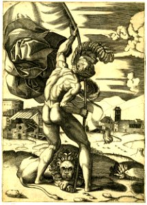 Marcantonio - A nude man seen from behind, wearing a helmet and planting a flag with a lion at his feet; mountains and a cityscape in the background, H,3.83