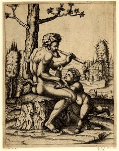 Marcantonio - A faun sitting on a rock holding a flute in his left hand and a scroll in his right, H,2.55