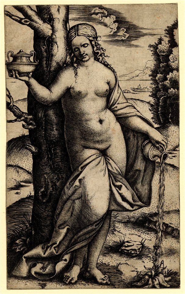 Marcantonio - A nude young woman, standing, holding a vase in her upraised right hand and watering a plant with a jug of water with her left, 1895,0915.131