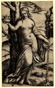 Marcantonio - A nude young woman, standing, holding a vase in her upraised right hand and watering a plant with a jug of water with her left, 1895,0915.131