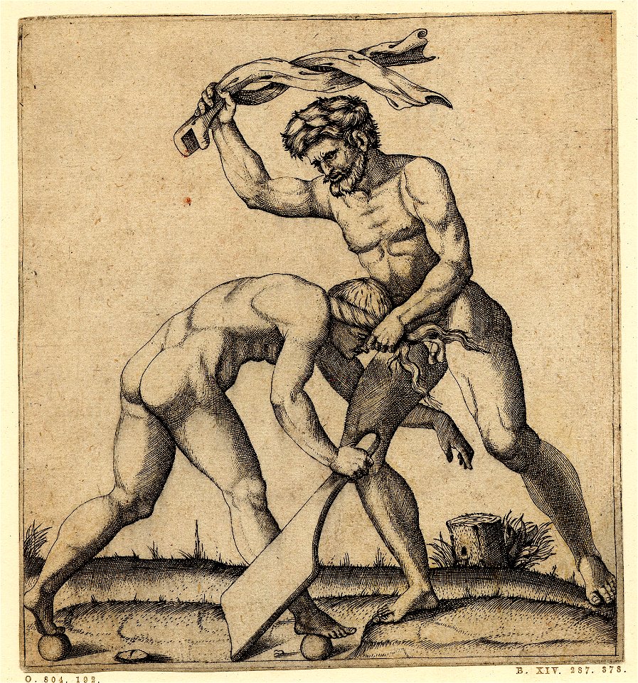 Marcantonio - A nude young man holding Fortune by the hair, whom he is whipping with a strip of material which he holds in his raised right hand, 1857,0711.27