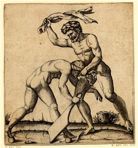 Marcantonio - A nude young man holding Fortune by the hair, whom he is whipping with a strip of material which he holds in his raised right hand, 1857,0711.27