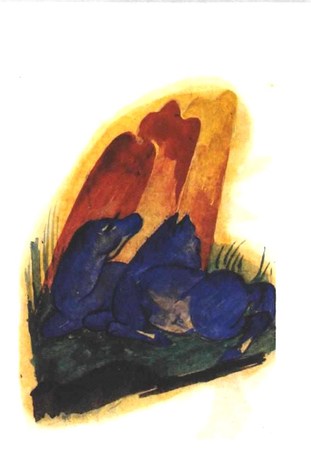 Marc - Zwei blaue Pferde vor rotem Felsen