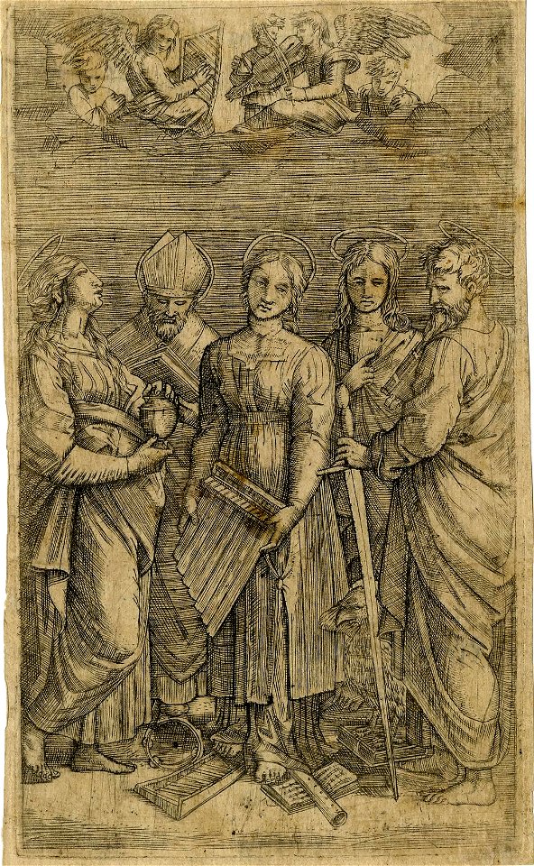 Marcantonio - After - St Cecilia holding a small organ, looks up towards a clearing in the clouds in which five angels with musical instruments appear, 1867,1012.655