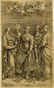 Marcantonio - After - St Cecilia holding a small organ, looks up towards a clearing in the clouds in which five angels with musical instruments appear, 1867,1012.655
