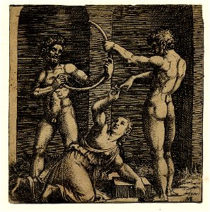Marcantonio - A woman kneeling at centre leaning on a socle with her left arm and reaching up with her right hand to place a ring on the finger of the nude man, curving part of a stick, standing at right, H,3.13