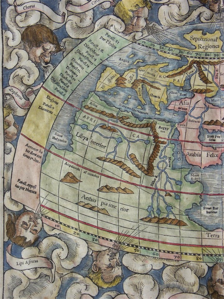 Map of the northern hemisphere (Ptolemaic) west half (1553). Free illustration for personal and commercial use.
