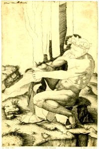 Marcantonio - A nude man, wearing a wreath of ivy, sitting on a rock in a landscape pulling on a pair of breeches with both hands; a working proof, 1848,0911.240