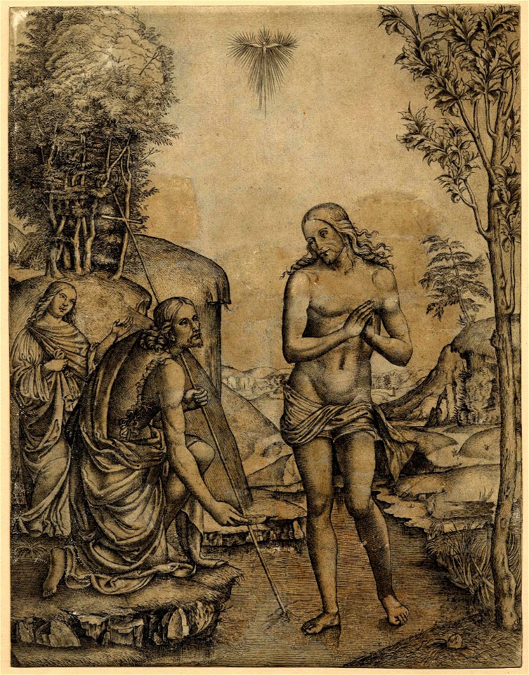 Marcantonio - Attributed to - The Baptism of Christ by St John, assisted by an angel. c.1503-4, 1881,1210.306