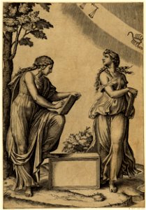 Marcantonio - A woman standing at left, resting her left foot atop an uninscribed socle and writing in a book which she supports on her left knee, H,3.40