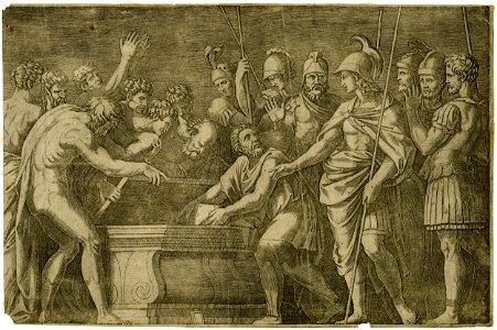 Marcantonio - Alexander standing at left accompanied by six soldiers, ordering a man to safely place the works of Homer into Darius' coffer, V,5.138