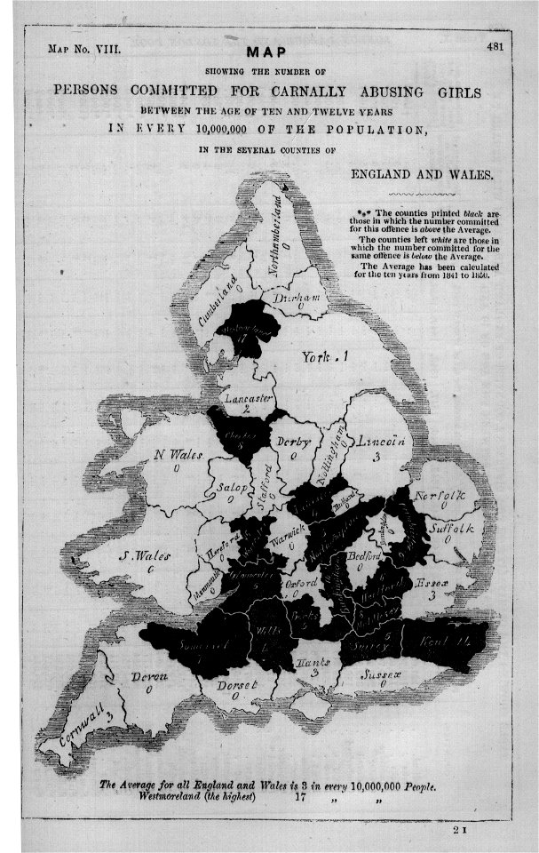 Map showing the number of persons committed for carnally abusing girls between the ages of ten and twelve years