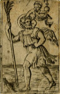Marcantonio - After - St Christopher, walking almost knee deep in water, using a palm for a staff, H,1.102