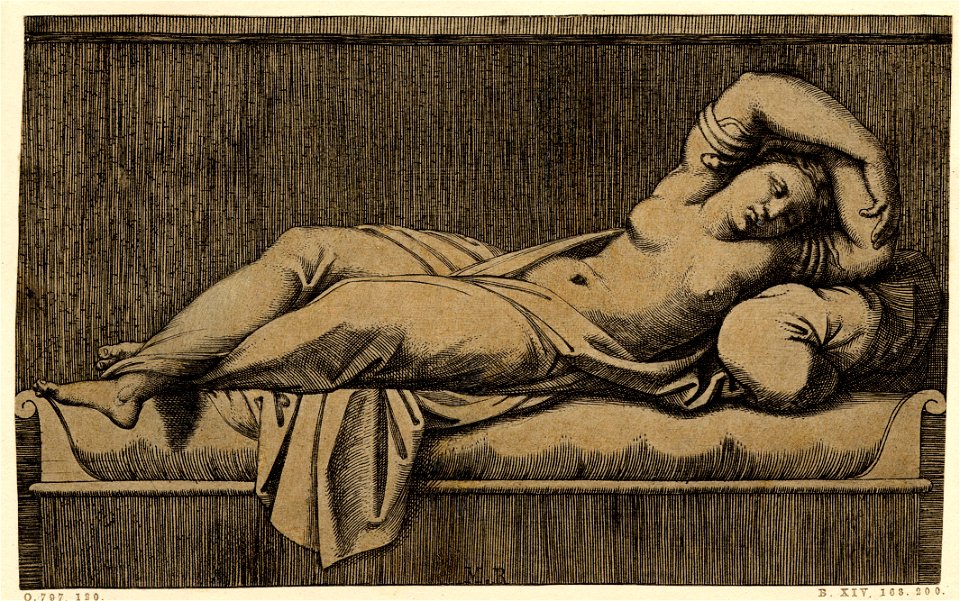 Marcantonio - Cleopatra, laying semi-nude on a bed where she appears to have just passed away due to the bite of the asp entwined around her arms which she holds above her head, H,2.12