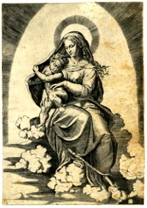 Marcantonio - After - The Virgin seated on clouds holding the Christ Child on her right knee, H,1.45