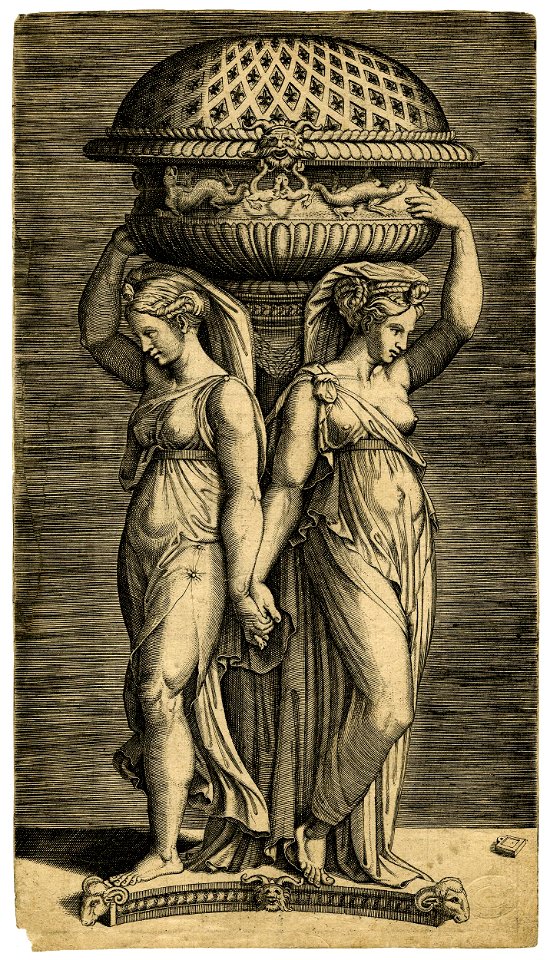 Marcantonio - After - Two caryatids, leaning against a truncated column, supporting a censer decorated with flower and salamander motifs, V,6.43