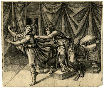 Marcantonio - After - Joseph fleeing from Potiphar's wife, who holds onto his cloak, 1867,1012.659. Free illustration for personal and commercial use.
